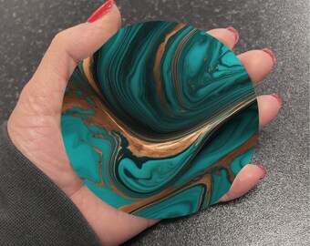 Stunning Deep Teal Black & Gold Marble Effect Round Drinks Coaster Coasters Set Tea Coffee Gift Marble Watercolour Agate Painting RM40