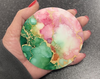 Stunning Pink Green White & Gold Marble Effect Round Drinks Coaster Coasters Set Tea Coffee Gift Marble Watercolour Agate Painting RM24