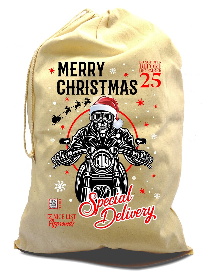 X-Large Cotton Drawcord Biker Christmas Xmas Santa Sack Stocking Gift Bag With Funny Merry Christmas Biking Motorcycle Cafe Racer Motif