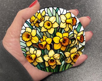 Stunning Spring Flowers Daffodil Daffodils Floral Flower Faux Stained Glass Effect Round Drinks Coaster Coasters Set Tea Coffee Gift