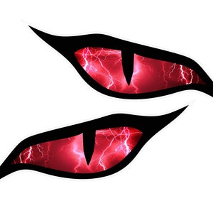 May include: Two red eyes with black outlines and lightning bolt patterns. The eyes are styled to look like a predator's eyes.