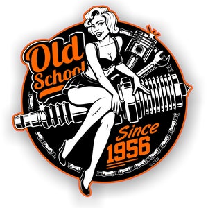 Personalised Pin-up Girl Old School Since ( choose year) Vintage Cafe Racer Vinyl Car Motorcycle Helmet Hot Rod Sticker Decal size 90x85mm