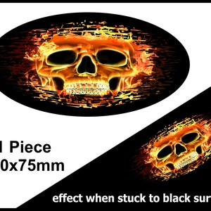 Fade To Black Oval Design With Gothic Flaming Skull On Fire Flames Retro MOD Style Motif External Vinyl Car Sticker 150x75mm