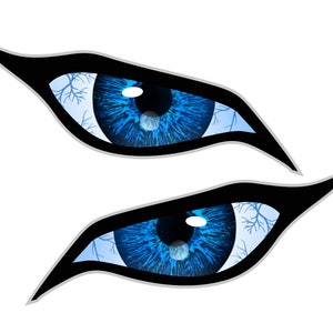 May include: Two blue eyes with black eyeliner and a white background. The eyes have a detailed design of blue veins.