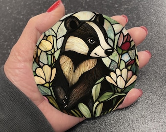 Neutral Decor Colours Badger Woodland Creature Stained Glass Art Suncatcher Effect Round Drinks Coaster Coasters Set Tea Coffee Gift N1