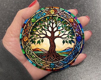 Vibrant Celtic Tree Of Life Stained Glass Art Suncatcher Effect Round Drinks Coaster Coasters Set Tea Coffee Wellbeing Gift R15