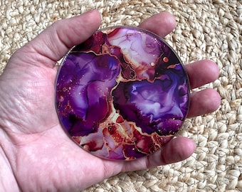 Beautiful Deep Purple & Gold Marble Effect Tempered Glass Round Drinks Coaster Coasters Set Gift Marble Watercolour Agate Painting RM10