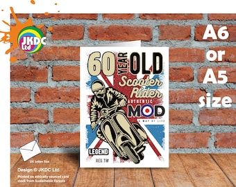 Funny 60 Year Old Scooter Rider Northern Soul Union Jack Cafe Racer MOD Motif 60th Birthday Anniversary Greeting Card Choose Size A6 or A5