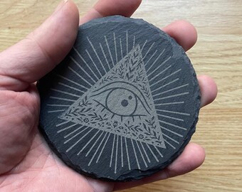 Engraved All Seeing Eye of Providence Natural Hand Crafted Slate Round Drinks Coaster Coasters Set Tea Coffee Gift (Quantity Discount)