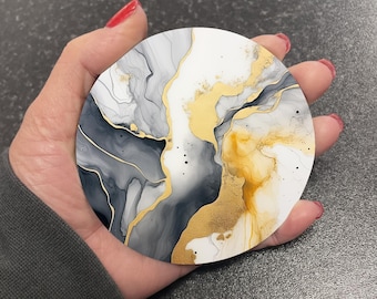 Stunning Black Grey White & Gold Marble Effect Round Drinks Coaster Coasters Set Tea Coffee Gift Marble Watercolour Agate Painting RM8