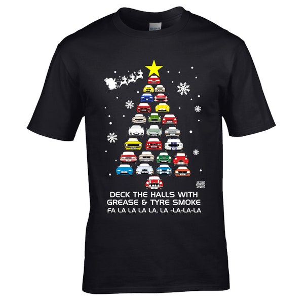 Premium Iconic AF Cartoon Cars Deck The Halls Christmas Tree Novelty Motif Car Enthusiast Mechanic Xmas gift Men's Black t-shirt top