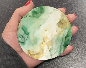 Stunning Light Green & Gold Marble Effect Round Drinks Coaster Coasters Set Tea Coffee Gift Marble Watercolour Agate Painting RM14