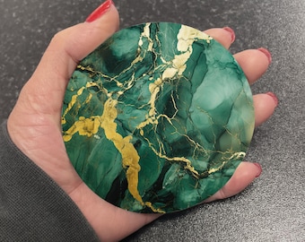 Stunning Deep Green Onyx & Gold Marble Effect Round Drinks Coaster Coasters Set Tea Coffee Gift Marble Watercolour Agate Painting RM9