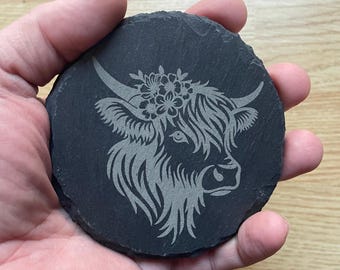 Engraved Highland Cow Coo Natural Hand Crafted Slate Round Drinks Coaster Coasters Set Tea Coffee Gift (Quantity Discount)