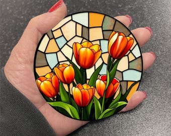Stunning Spring Flowers Orange Tulip Tulips Floral Flower Faux Stained Glass Effect Round Drinks Coaster Coasters Set Tea Coffee Gift