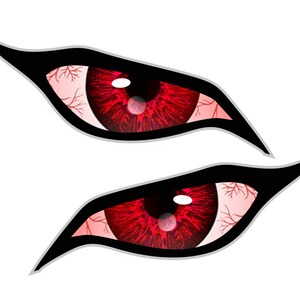 May include: Two red eyes with black eyeliner and white veins. The eyes are set against a white background.