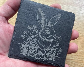 Engraved Natural Hand Crafted Slate Coaster: Cute Floral Bunny Rabbit Design Square Drinks Coasters Set Tea Coffee Gift (Qty Discount)