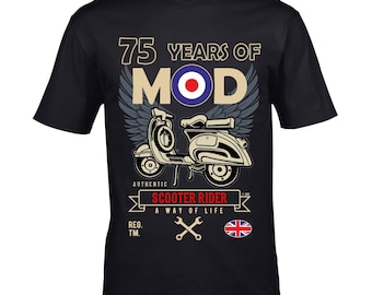 Premium 75 Years Of MOD Slogan Retro Scooter Rider Scooterist Motif For 75th Birthday Anniversary gift Men's Black t-shirt top