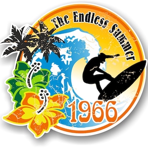 Personalised Novelty Retro Distressed Aged Surfing Surf Motif Endless Summer ( choose any year) Vintage Campervan Vinyl Car Sticker 100x90mm