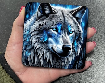 Beautiful Wild Grey Wolf With Electric Blue Eyes Art Print Hand Printed Square MDF Drinks Coaster Coasters Set Tea Coffee Gift T14