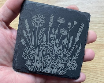 Engraved Spring Summer Wild Flowers Floral Natural Hand Crafted Slate Square Drinks Coaster Coasters Set Tea Coffee Gift (Quantity Discount)