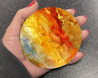Stunning Fire Red Orange Onyx & Gold Marble Effect Round Drinks Coaster Coasters Set Tea Coffee Gift Marble Watercolour Agate Painting RM12