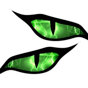 May include: Two green eyes with black outlines and a lightning bolt pattern. The eyes are shaped like cat eyes and have a sharp, pointed shape.