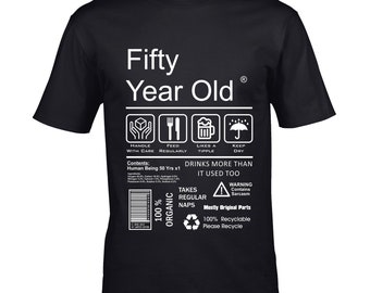 Premium Funny 50 Fifty Year Old Package Care Label Instructions Information Guide Motif for 50th Birthday gift Men's Black t-shirt