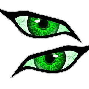 May include: Two green eyes with black eyeliner and a white background. The eyes have a detailed green iris and a black pupil.