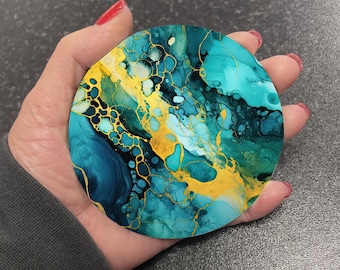 Stunning Dark Green Turquoise & Gold Marble Effect Round Drinks Coaster Coasters Set Tea Coffee Gift Marble Watercolour Agate Painting RM2