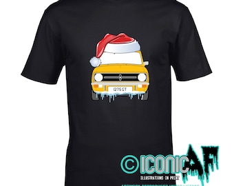 Premium IconicAF Santa Hat Christmas Motif and Licensed Retro British Classic Mini 1275GT Car Image Xmas gift Men's Black t-shirt top