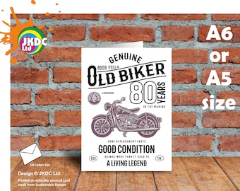 Funny 80 Year Old Biker Retro Style Classic motorbike Motif For 80th Birthday Anniversary Greeting Card Choose Size A6 or A5