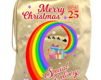 X-Large Cotton Drawcord LGBT Christmas Xmas Santa Sack Stocking Gift Bag With Fun Special Delivery LGBTQIA Rainbow Flag Gay Pride Motif