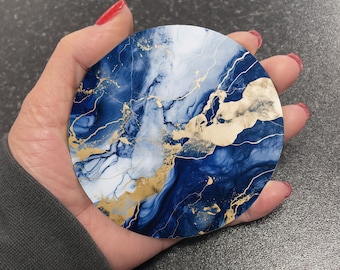 Stunning Deep Navy Blue & Gold Marble Effect Round Drinks Coaster Coasters Set Tea Coffee Gift Marble Watercolour Agate Painting RM15