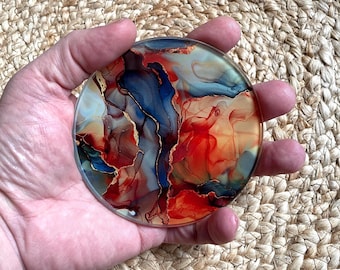 Burnt Orange Green & Gold Tempered Glass Marble Effect Round Drinks Coaster Coasters Set Gift Marble Watercolour Agate Painting RM11