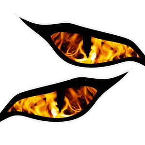 May include: Two black and orange fire eye decals. The eyes are shaped like a cat eye with flames inside.