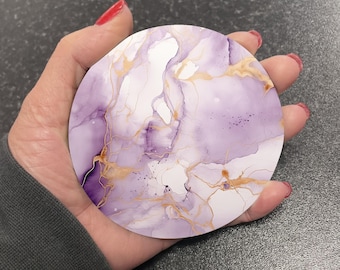 Stunning Pale Purple Lilac & Gold Marble Effect Round Drinks Coaster Coasters Set Tea Coffee Gift Marble Watercolour Agate Painting RM7
