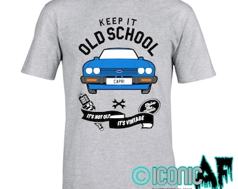 Personalised (Number Plate) Keep It Old School Motif & Licensed Retro Mk3 Capri 2.8i car illustration gift Men's Lt Grey t-shirt top