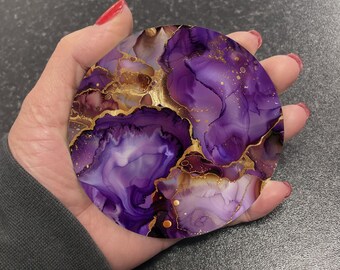 Stunning Deep Purple Onyx & Gold Marble Effect Round Drinks Coaster Coasters Set Tea Coffee Gift Marble Watercolour Agate Painting RM10