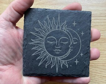 Engraved Mystical Sun & Moon Design Natural Hand Crafted Slate Square Drinks Coaster Coasters Set Tea Coffee Gift (Quantity Discount)
