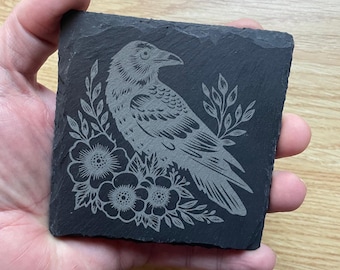 Engraved Raven Crow Bird Floral Design Natural Hand Crafted Slate Square Drinks Coaster Coasters Set Tea Coffee Gift (Quantity Discount)