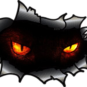 May include: A black graphic featuring glowing orange eyes peering through a torn, textured, silver and black background. The image has a dramatic, ominous feel, with the eyes as the focal point.