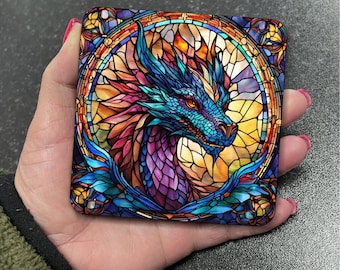 Legendary Mythical Dragon Vibrant Art Nouveau Stained Glass Art Suncatcher Effect Square MDF Drinks Coaster Coasters Set Tea Coffee Gift D25