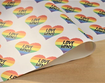 LGBTQ+ Gay Pride Rainbow Flag Retro Heart Love Wins 80's Gay Scene Valentines Day Birthday Xmas Wrapping Paper Gift Wrap Sheets or Roll