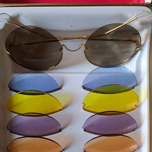 VTG 1960&#39;s NOS Chameleon BENHUR Mod Sunglasses Interchangable Lenses Grey Blue Yellow Purple Hippy Paris France