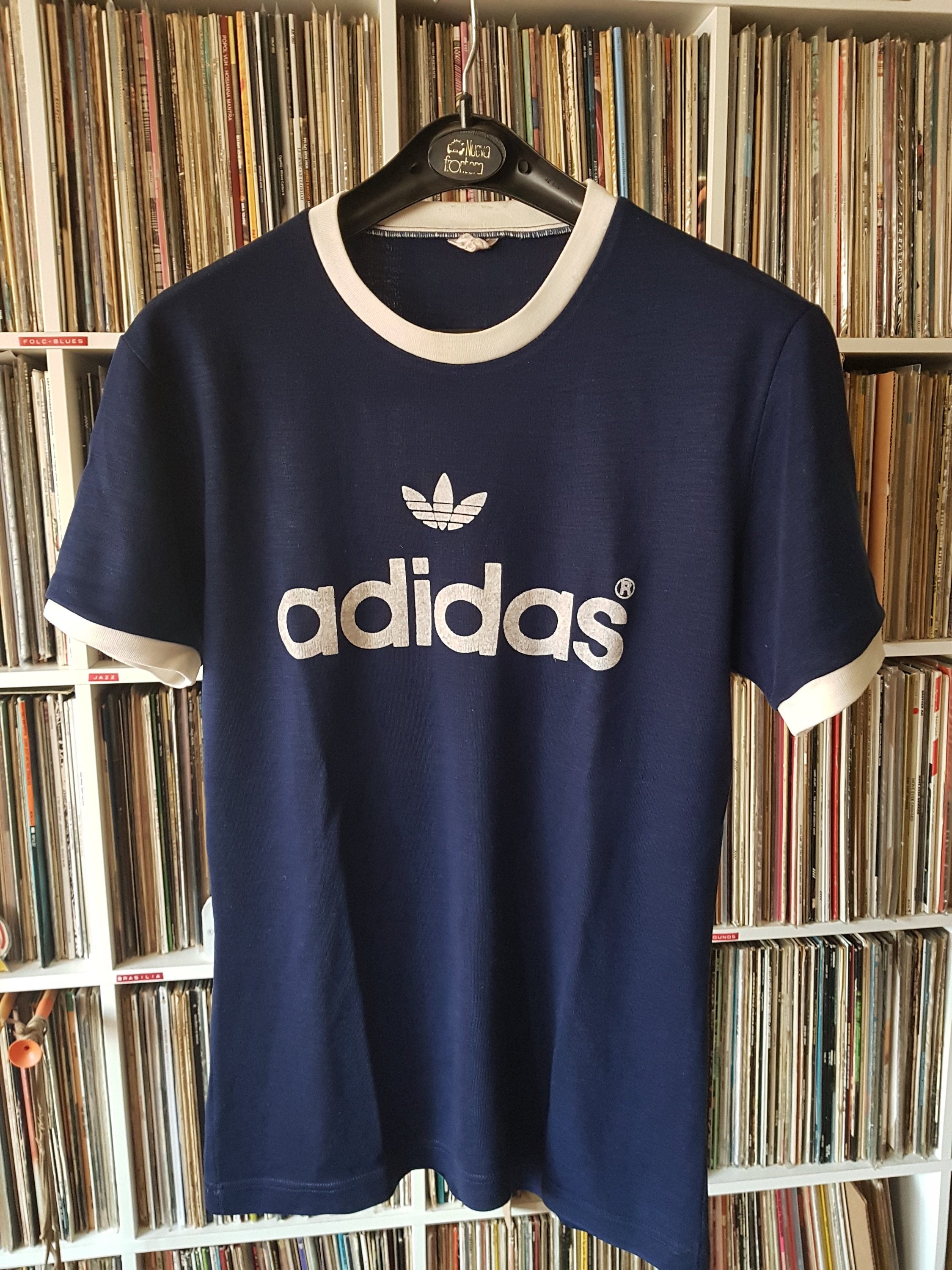 70s Adidas Spell Out Logo Beige t-shirt Small - The Captains Vintage