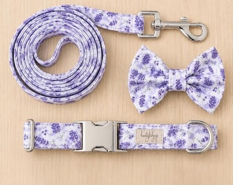 Lavender Floral Dog Set, Luxury Handmade Collar Leash Bow, Silver Hardware Puppy Gift