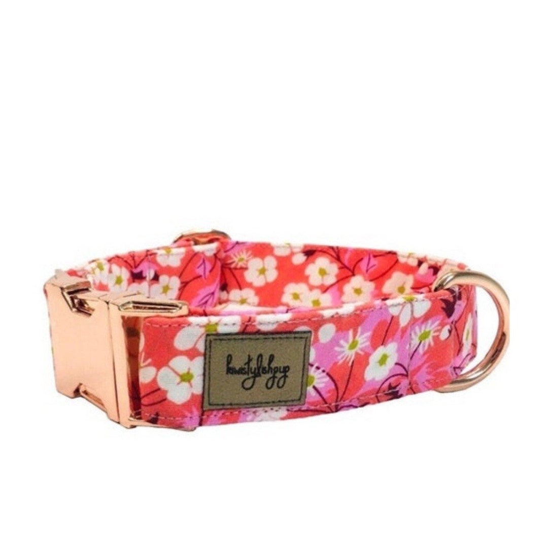 Pink Floral Dog Collar, Cherry Blossom Dog Collar, Girl Dog Collar, Red