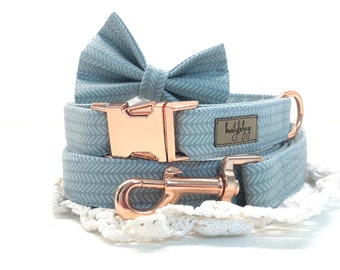 Blue dog collar and leash set, herringbone dog collar, matching collar and lead, pet leash and collar, girl dog collar, boy dog collar,