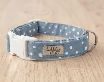 Blue Polkadot Dog Collar, Handmade Puppy Neckwear, White Plastic Buckle Swedish Pet Gift